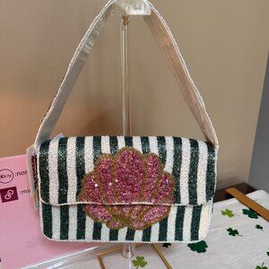 Beaded Clam Shell Shoulder Bag Pink Gold w/Green White Beaded Stripes NWT